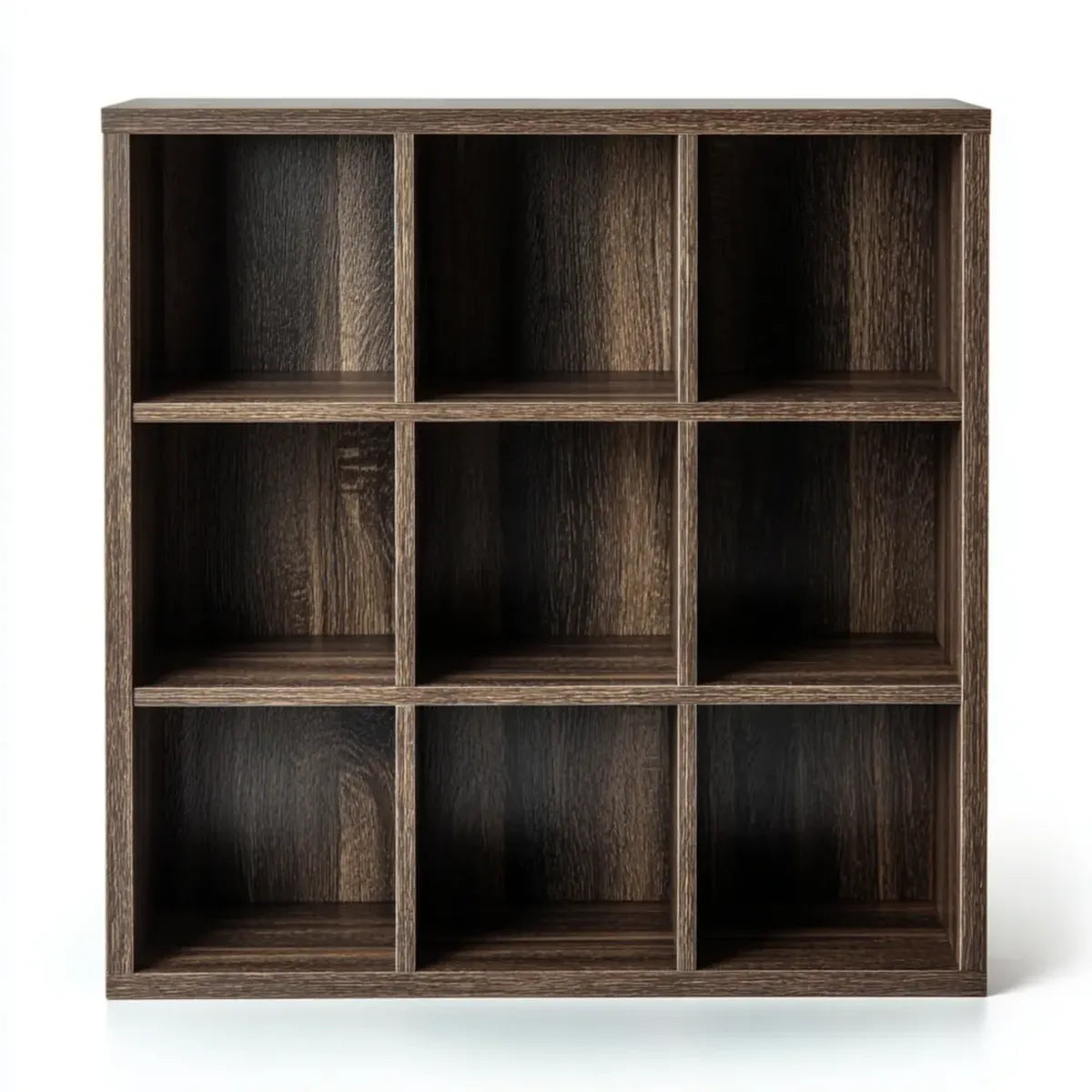 Regał, Półka magazynowa z 9 ciemnobrązowymi pudełkami 90 x 90 x 30 cm w prostokątnych płytach MDF