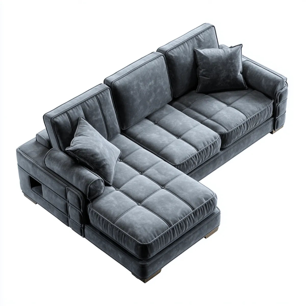 Sofa, 3 fotela narożna z ciemnoszarym szezlongiem w kształcie poliestru aksamitnego 280 x 170 x 86 cm