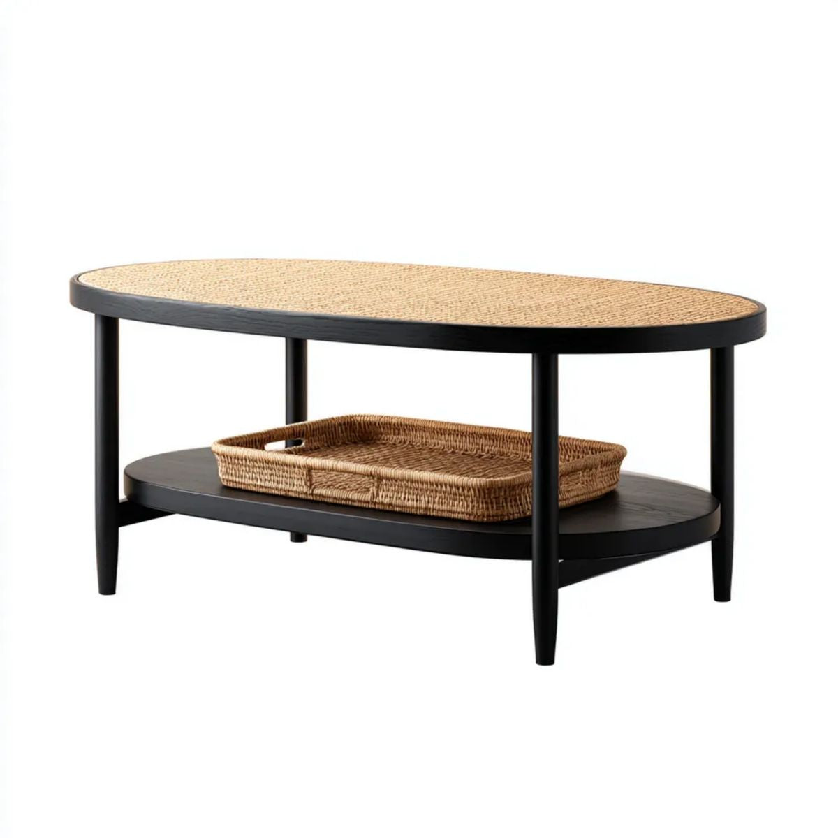 Stolik kawowy, Czarny bitumiczny drewniany i naturalny rattan bitumiczny stolik z wymiennym bibułkowym tacki, 120 x 60 x 45 cm