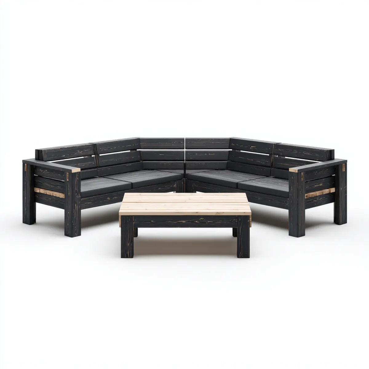 Sofa ogrodowa, Taras narożna kanapa zestaw czarny charakter z litego drewna sosnowego w kształcie L- 220 x 220 cm z stolikiem do kawy 120 x 70 cm