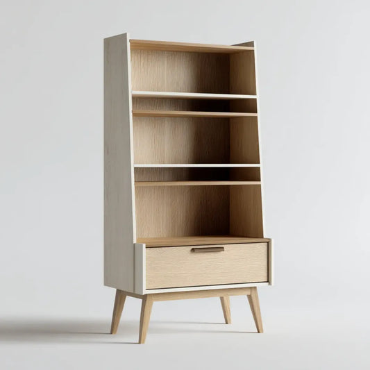 Regał, Wysoka biblioteka z lekką szufladą dębową i białym 80 x 40 x 180 cm w prostokątnym dębowym płycie MDF