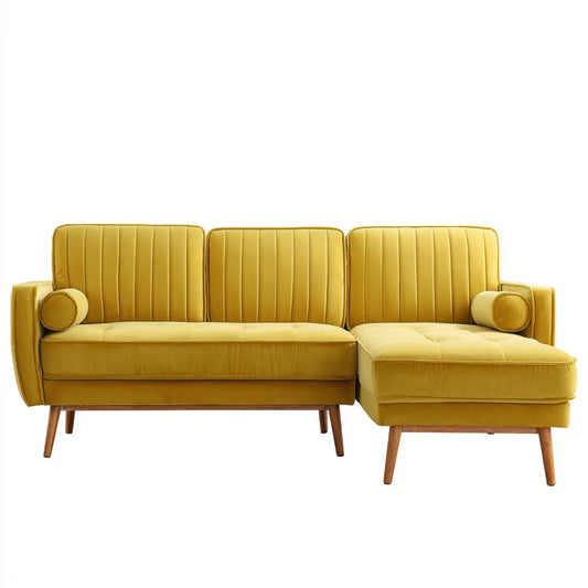 Sofa, 3 fotel poliester aksamit żółty sofa musztardowa z prawej szezlong 225 x 145 x 85 cm