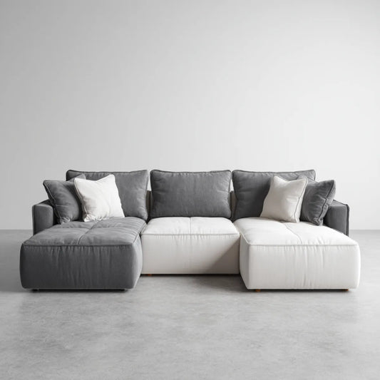 Sofa, 3 fotela modułowa sofa szara antracyt i off- biały poliester panoramiczny kształt 300 x 160 x 85 cm