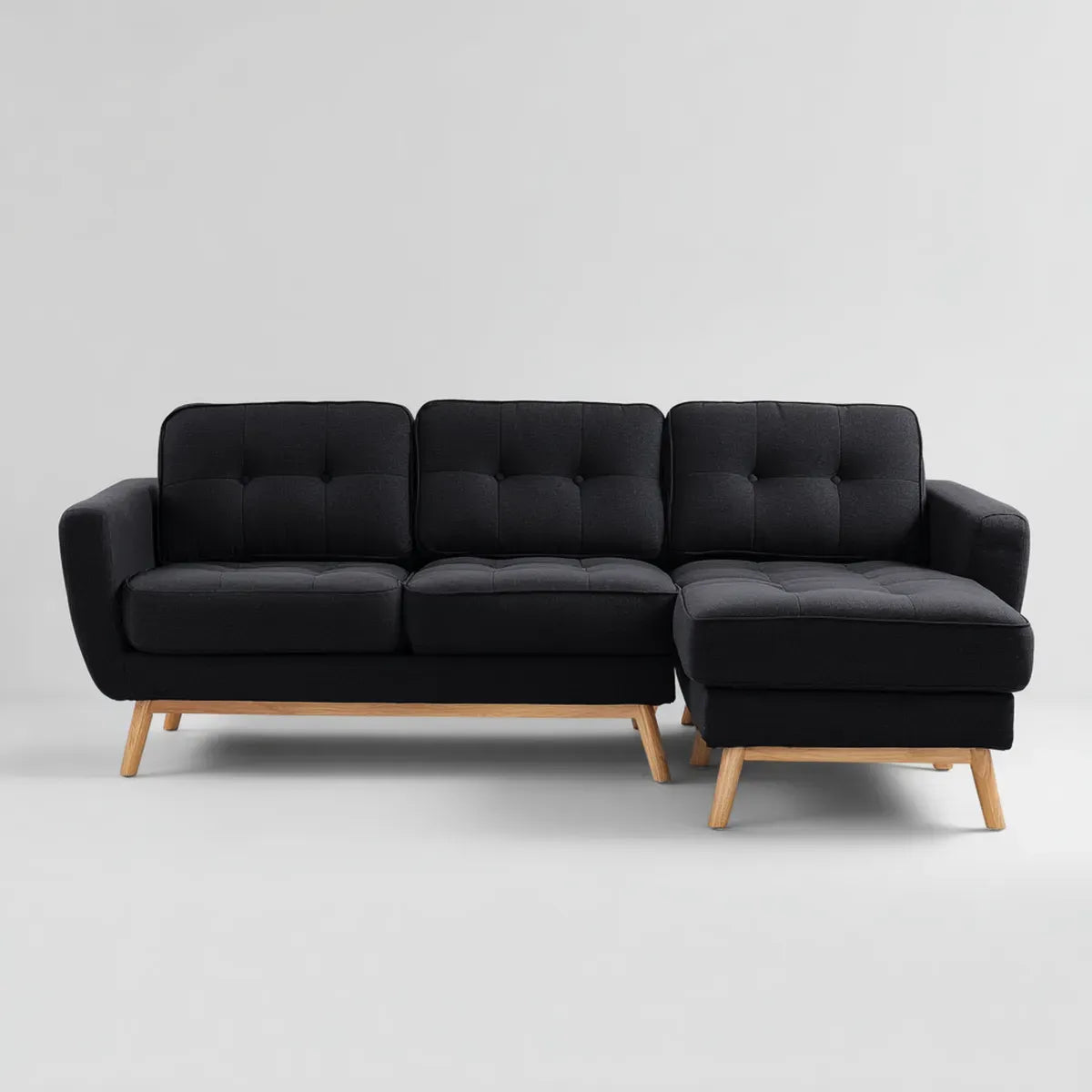 Sofa, 3 fotela czarny 230 x 145 x 85 cm poliester z hevea nogi stały kształt L