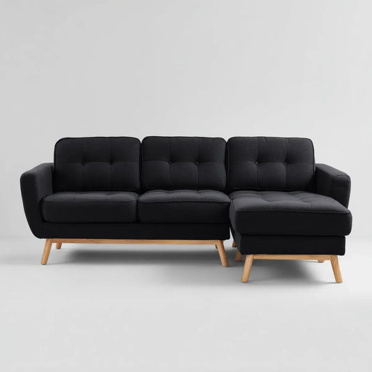 Sofa, 3 fotela czarny 230 x 145 x 85 cm poliester z hevea nogi stały kształt L