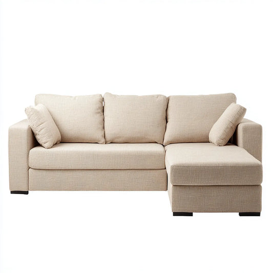 Sofa prawy róg beżowy 230 x 150 x 85 cm poliester z szezlongiem