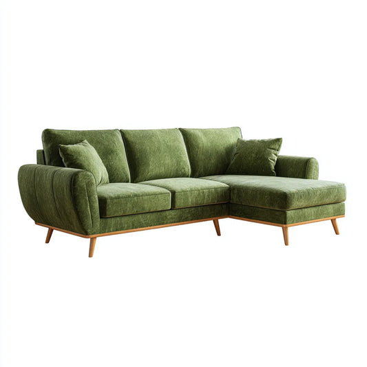 Sofa, 3-osobowa w prawym rogu sofa oliwkowa zielony poliester aksamit z litych nóg z drewna 220 x 150 x 85 cm