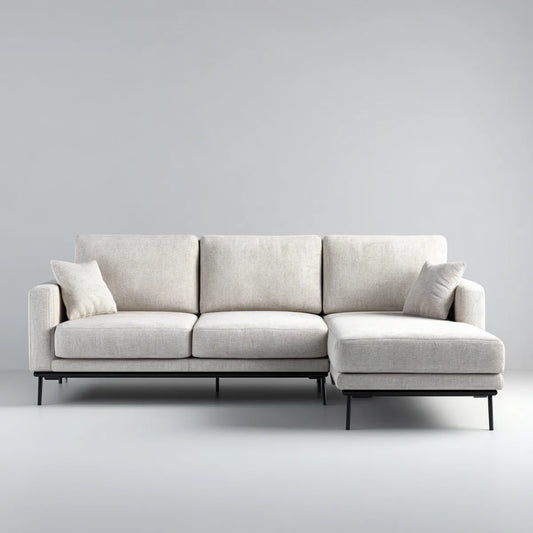 Sofa, Odwracalna kanapa narożna 3 fotele z beżowym poliestrem z szezlongiem 250 x 160 x 85 cm