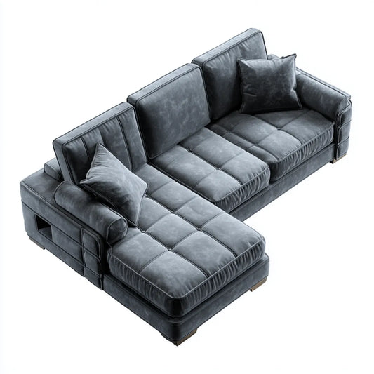 Sofa, 3 fotela narożna z ciemnoszarym szezlongiem w kształcie poliestru aksamitnego 280 x 170 x 86 cm