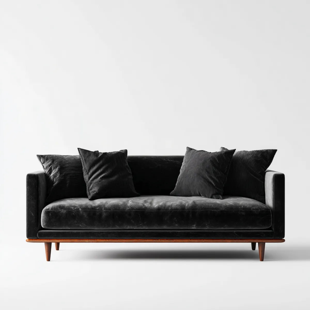 Sofa, Czarna sofa 3 fotelowa w poliestrowym aksamicie z litymi nogami z drewna 220 x 90 x 78 cm
