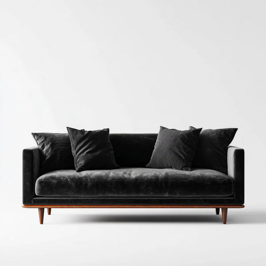 Sofa, Czarna sofa 3 fotelowa w poliestrowym aksamicie z litymi nogami z drewna 220 x 90 x 78 cm