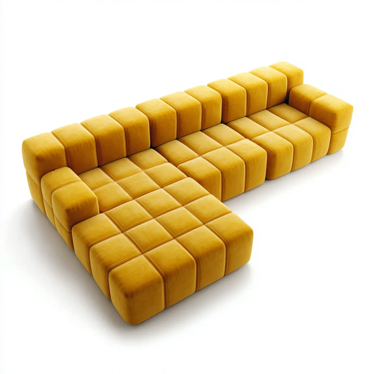 Sofa, Modułowa narożna sofa żółta musztarda w poliestrowym aksamicie 300 x 200 x 70 cm