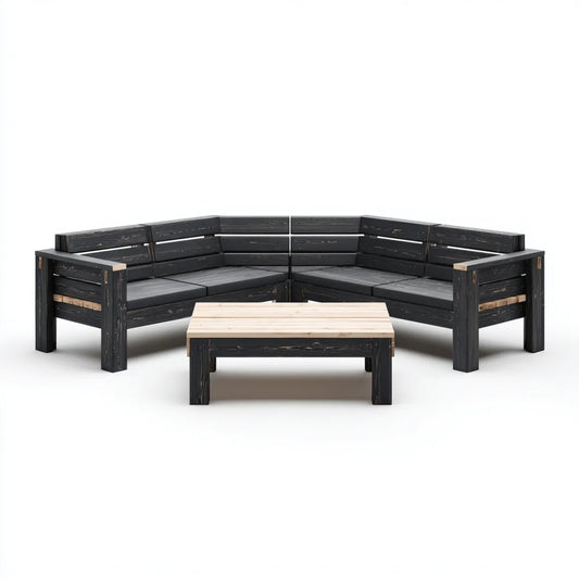 Sofa ogrodowa, Taras narożna kanapa zestaw czarny charakter z litego drewna sosnowego w kształcie L- 220 x 220 cm z stolikiem do kawy 120 x 70 cm