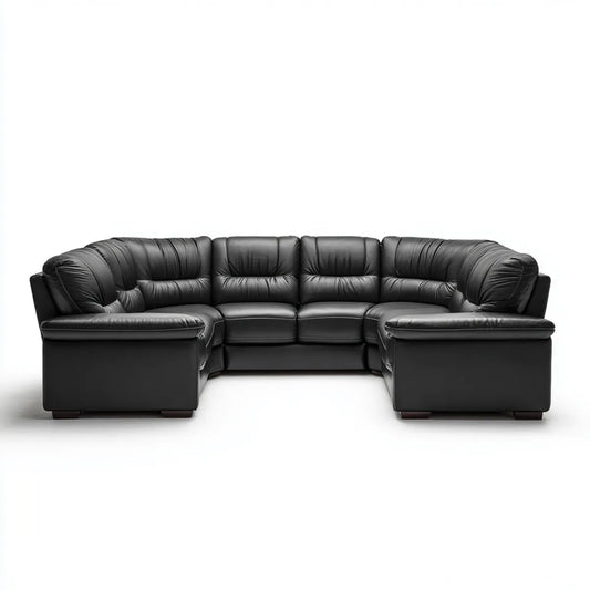 Sofa, Panoramiczna czarna sofa 5 foteli ze skóry syntetycznej PU w U 320 x 200 x 90 cm