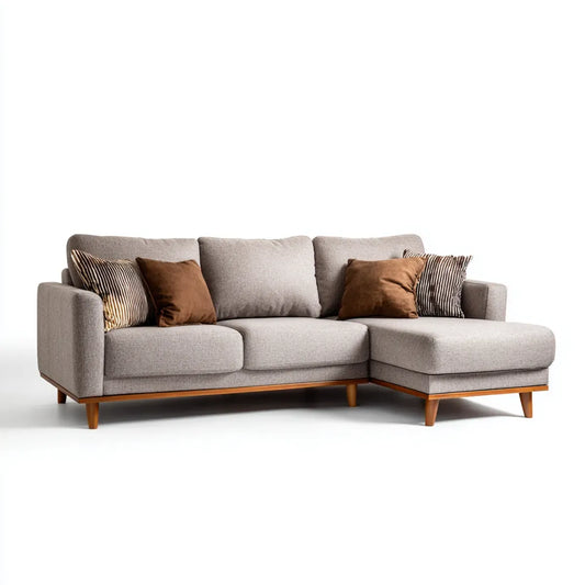 Sofa, Odwracalna 3-osobowa beżowa szara sofa poliestrowa z szezlongiem 250 x 155 x 85 cm