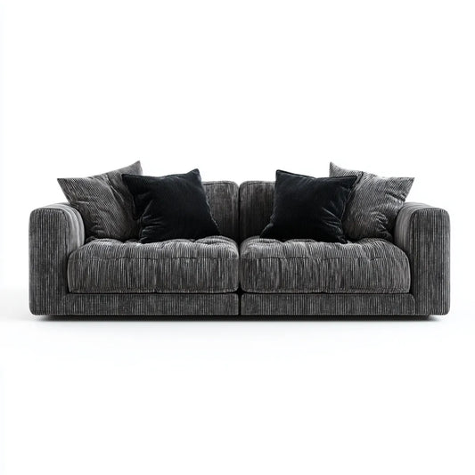 Sofa, 2 fotela szara antracyt w poliestrowym, żebrowanym aksamicie o prostym kształcie 180 x 90 x 85 cm